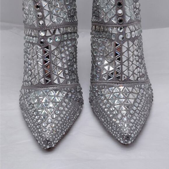 Steve Madden Crossing Silver Rhinestone Ankle Boots 10M Sparkle Stiletto Heels - Picture 8 of 12